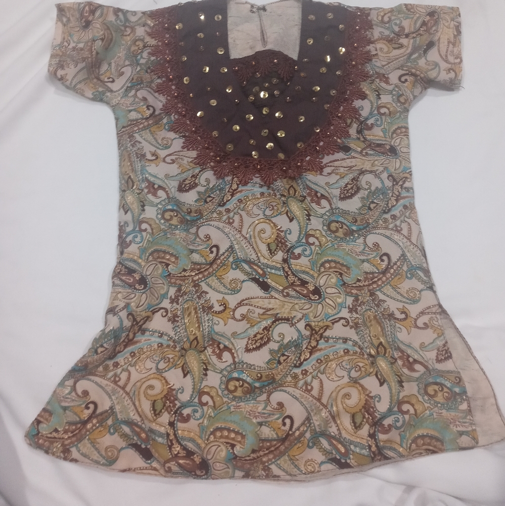 #12) Child Indian Sari Tunic Top/Size Small/Brown & Gold